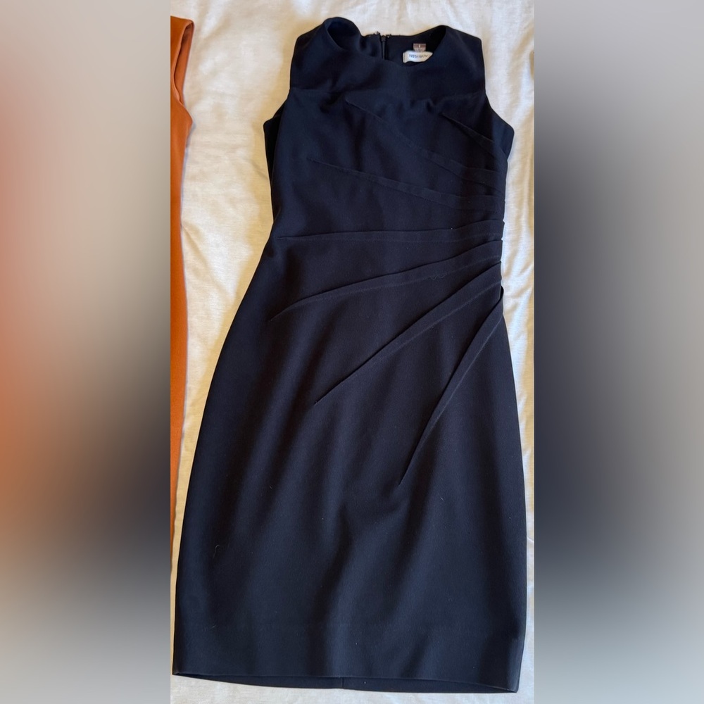 Calvin Klein Black Midi Sheath Dress with Side Draped Pleats